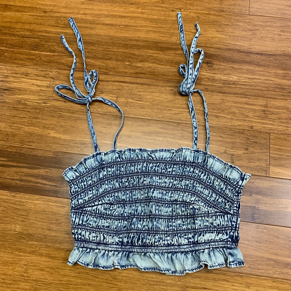Tulip Creations Smocked Crop Top Womens Small‎ Blue Tie Strap Sleeveless Denim
